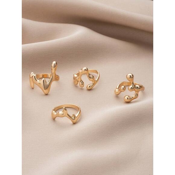 4x Chic Avant Garde Molten Liquid Gold Metal Drip Ring Set - Picture 2 of 4